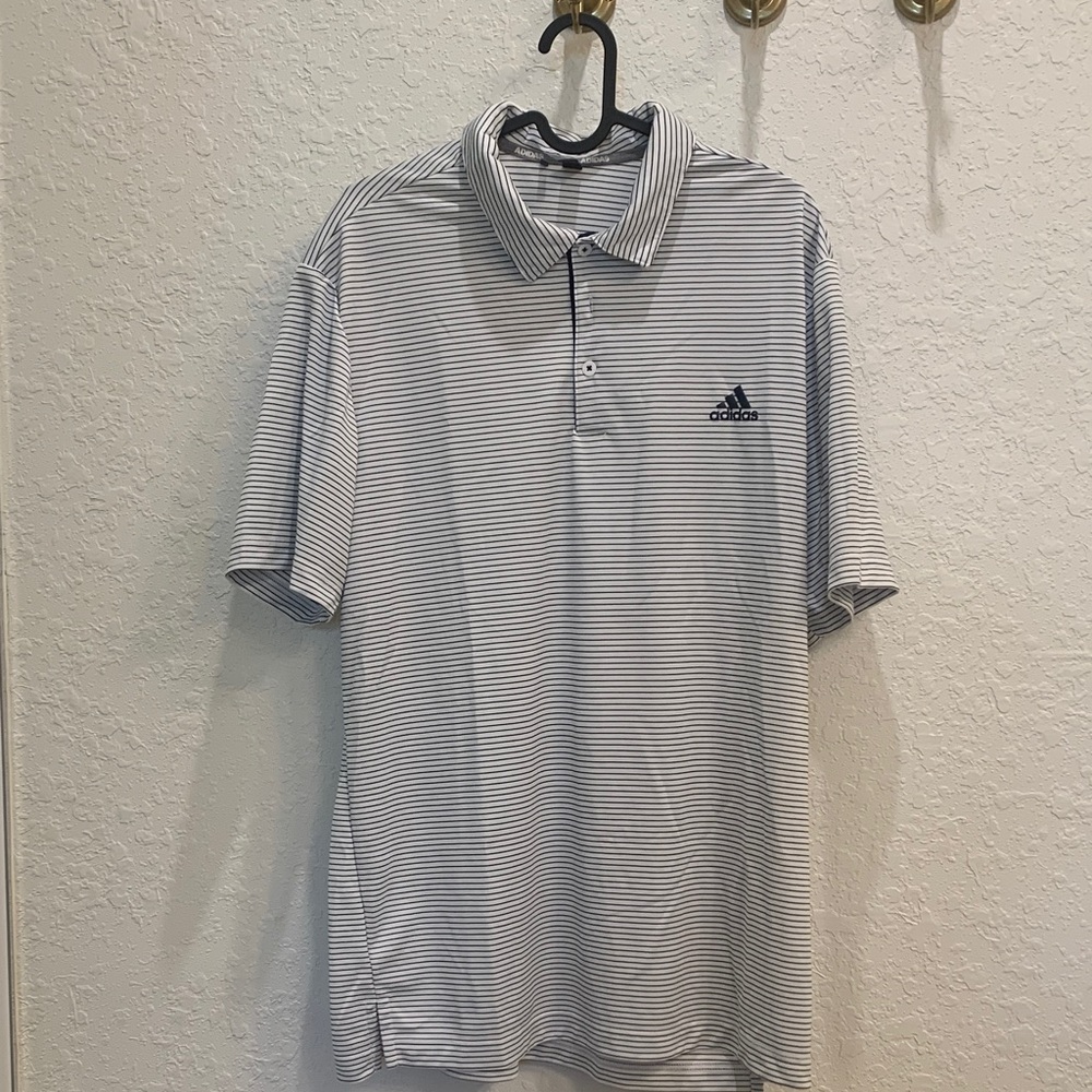Adidas Men's Polo Shirt - Navy and White Stripes